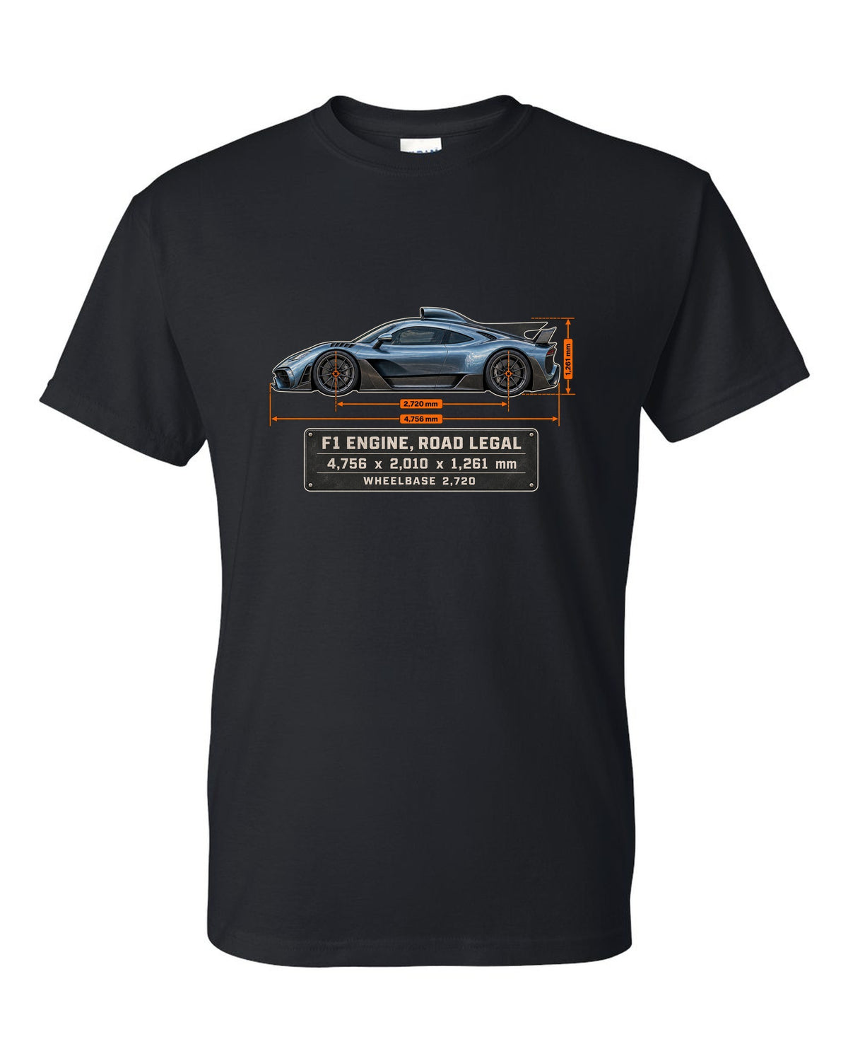 Mercedes-AMG One Dimension Blueprint black t-shirt front view with the design