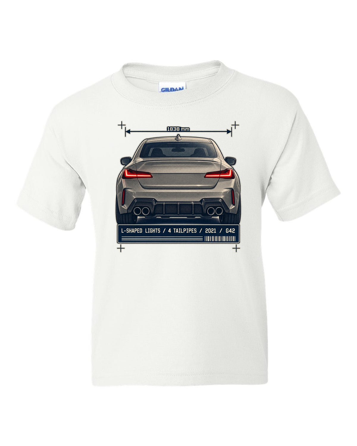 BMW M240i G42 rear taillight and tailpipe macro print white kids tee front view with the design