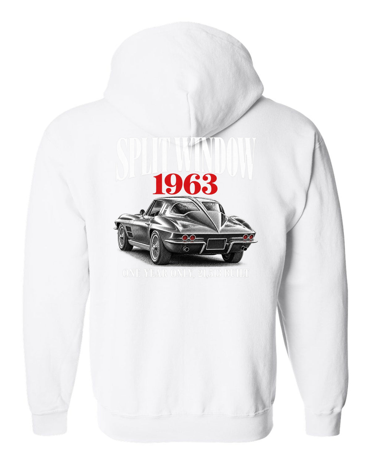 Chevrolet Corvette C2 Sting Ray 1963 split-window coupe editorial print white zip hoodie back view with the design