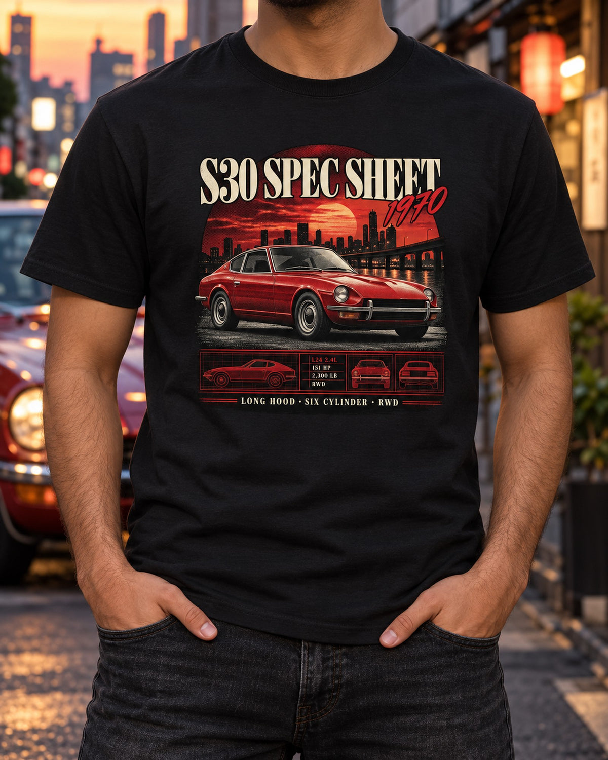 Datsun 240Z S30 Archive Panel Spec Sheet Shirt, 1970 T-Shirt Black worn hero