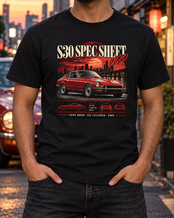 Datsun 240Z S30 Archive Panel Spec Sheet Shirt, 1970 T-Shirt Black worn hero