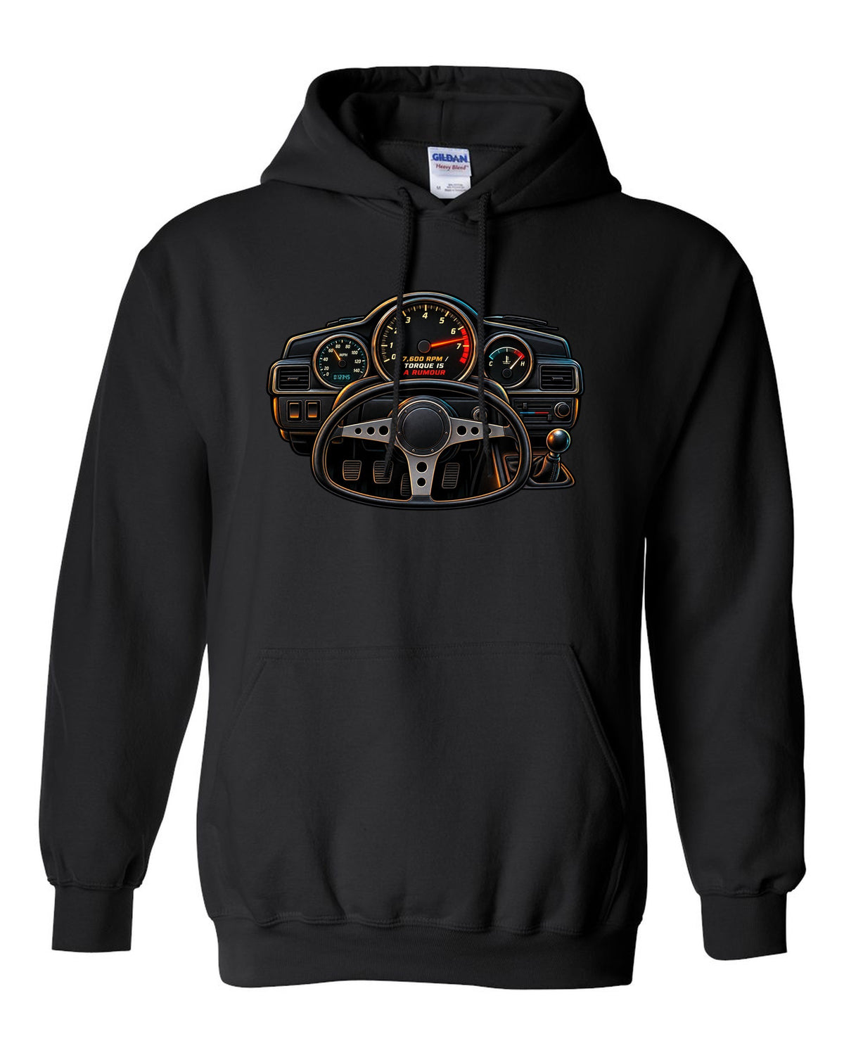 Linocut woodcut-style Toyota Corolla Levin AE86 with garage Saturday slogan black pull over hoodie front view with the design