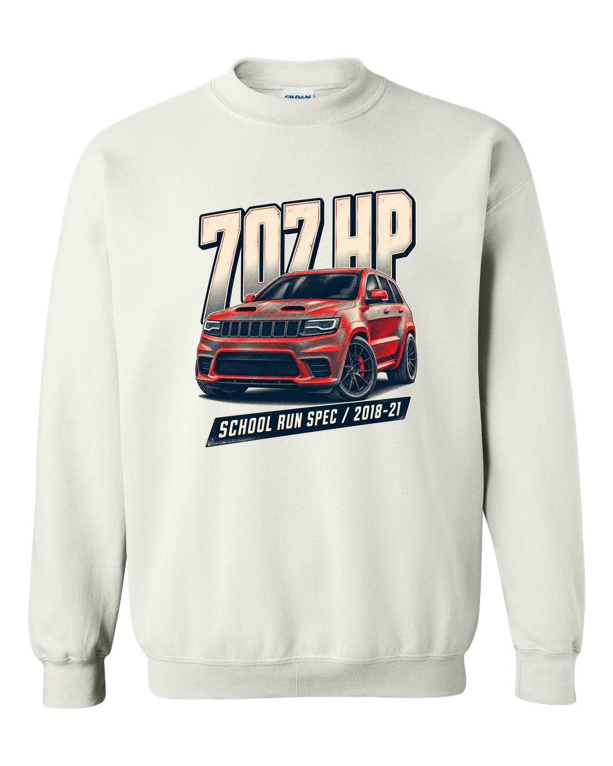 Halftone print of the Jeep Grand Cherokee Trackhawk WK2 with 707 HP lettering white crewneck front view with the design