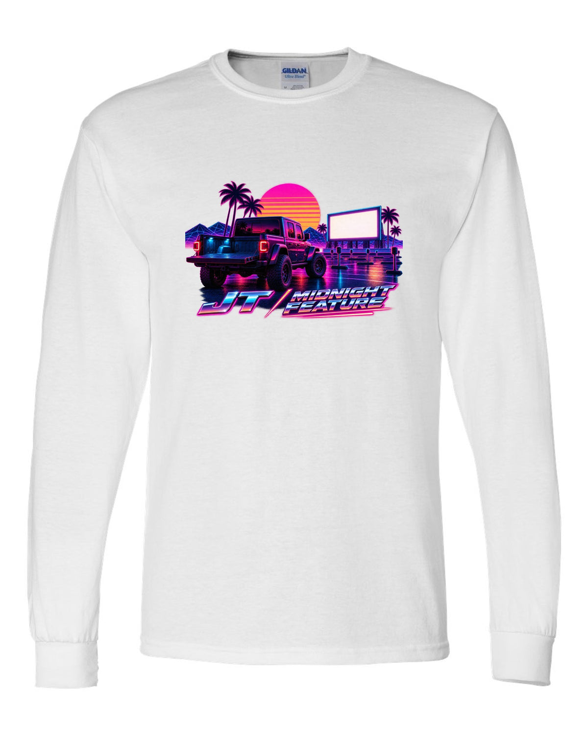 Jeep Gladiator JT synthwave outrun neon grid horizon with JT midnight feature text white long sleeve front view with the design