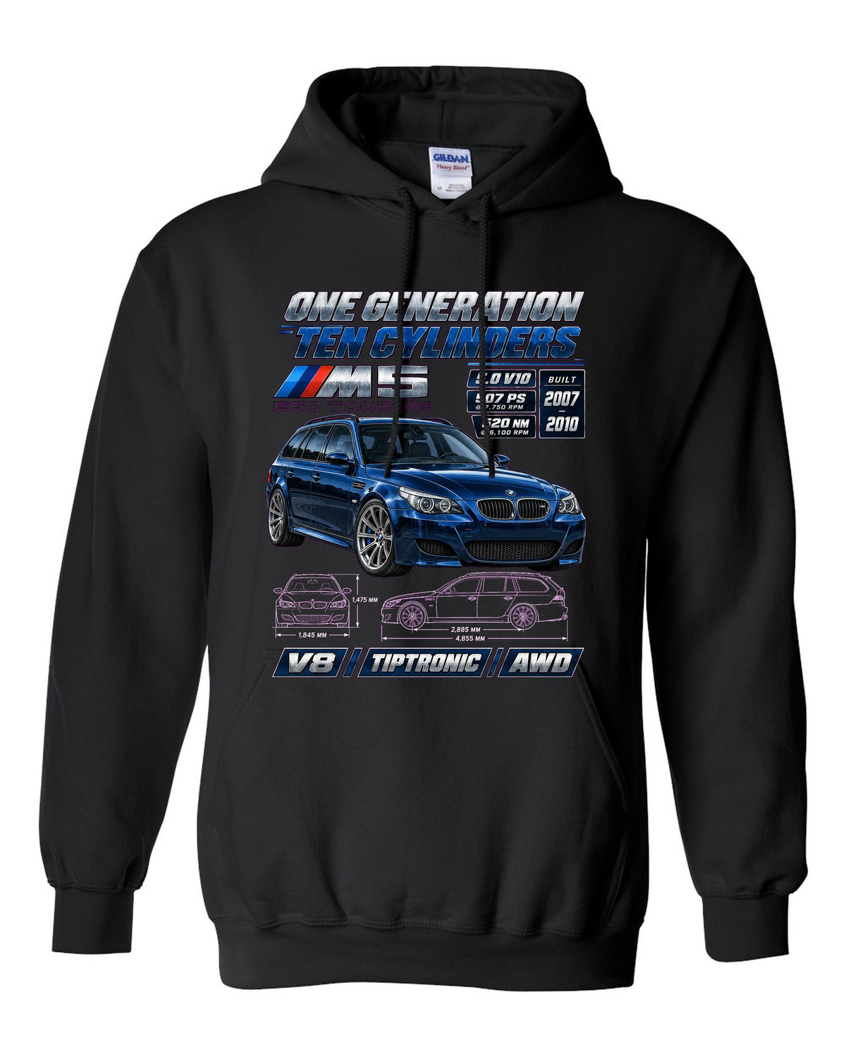 BMW M5 E60 V10 saloon spec poster print black pull over hoodie front view with the design