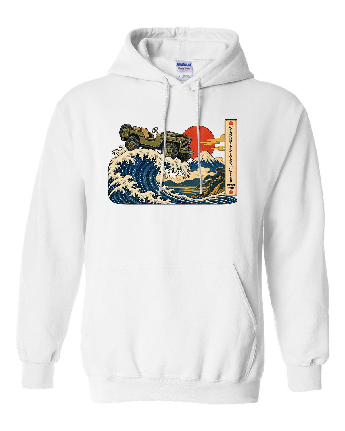 Ukiyo-e woodblock great wave print of a Willys MB with windshield joke text white pull over hoodie front view with the design
