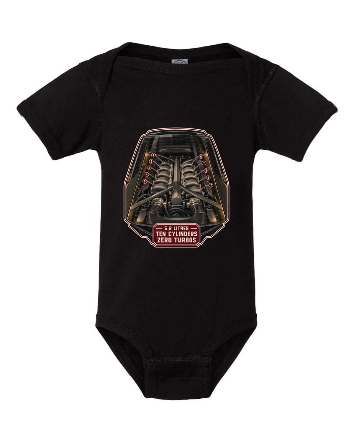 Audi R8 V10 plus Type 4S mid-engine bay hero print design black baby onesie front view with the design