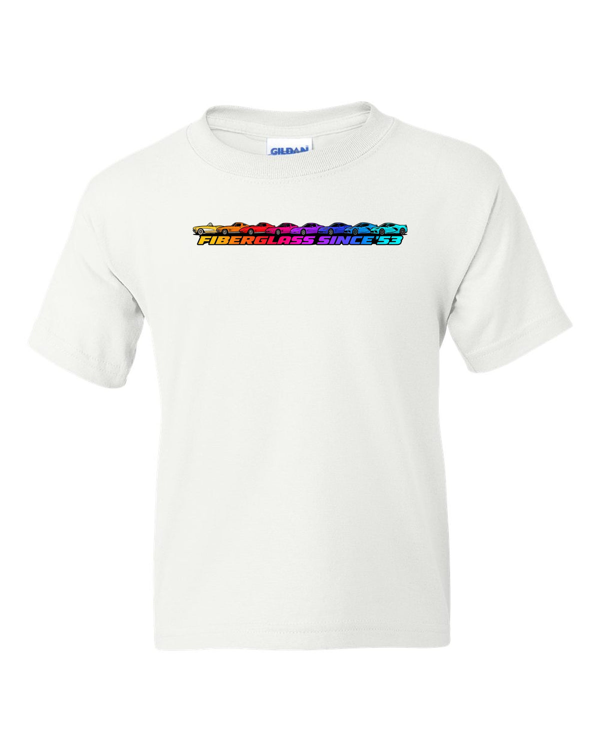 Flat gradient silhouette lineup of eight Chevrolet Corvette generations C1 to C8 with Fiberglass Since '53 text white kids tee front view with the design