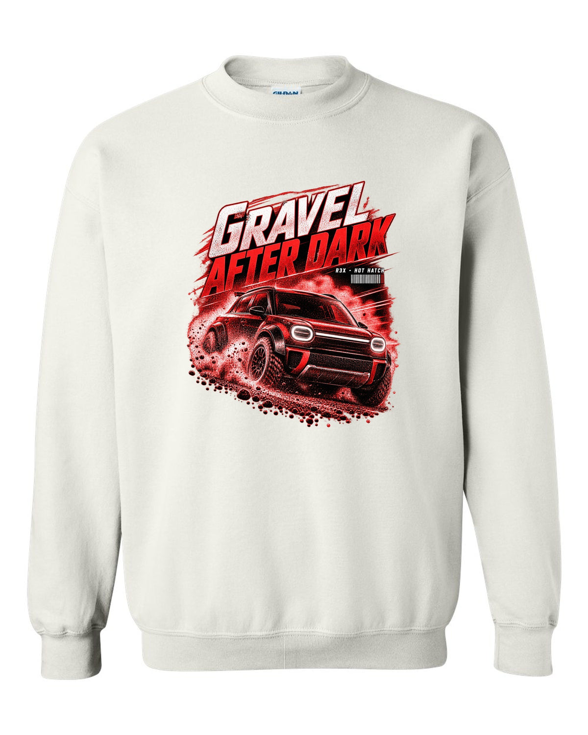 Rivian R3X hot ch with rally flares on a gravel road at night white crewneck front view with the design