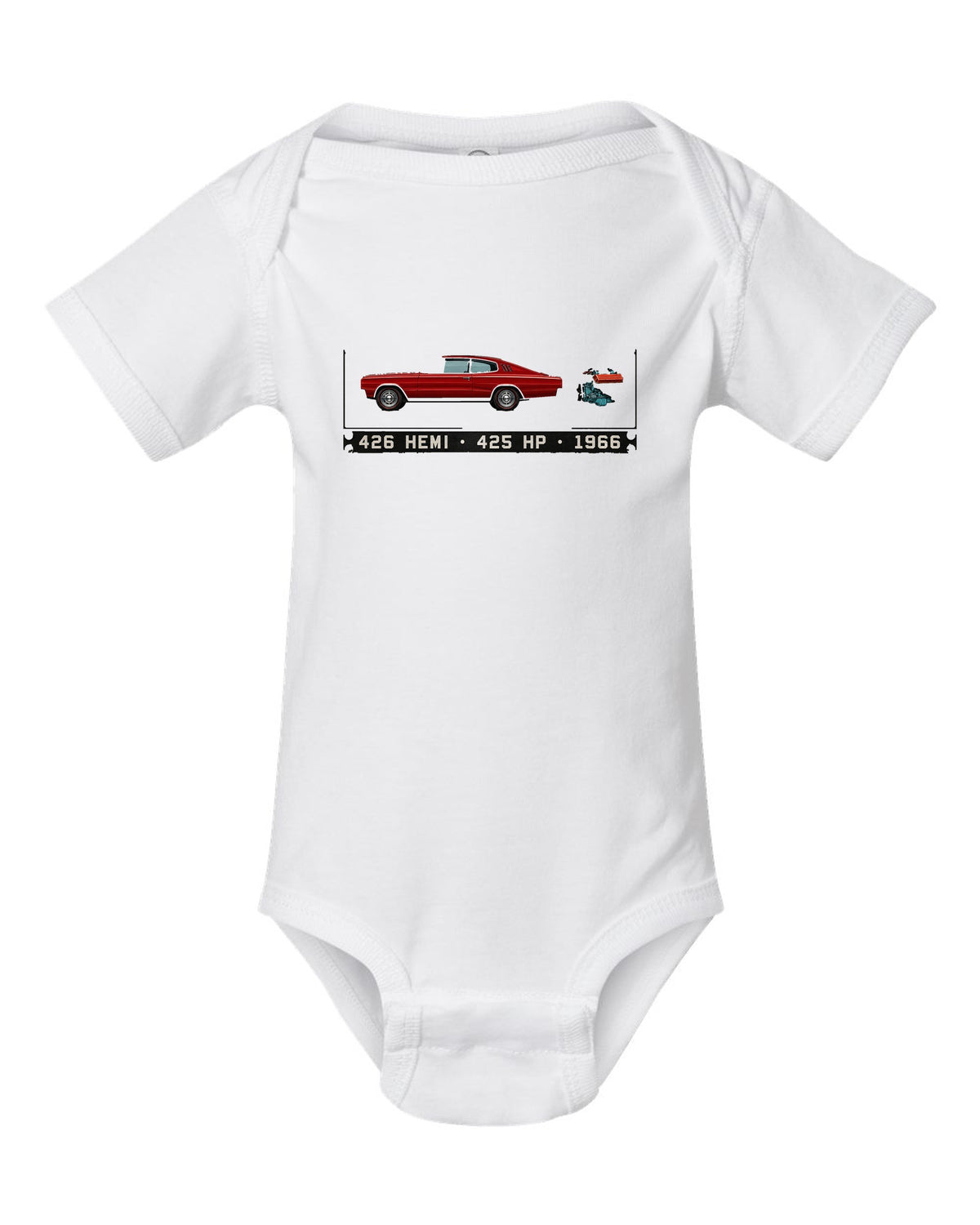 Spec-sheet data plate print of a 1966 Dodge Charger fastback with 426 Hemi text white baby onesie front view with the design