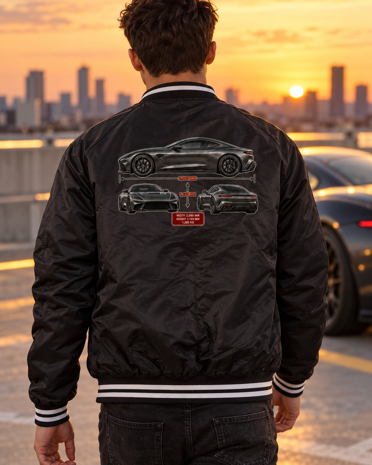 Pagani Utopia Three-View Sheet Tee, Dimension Spec Shirt Bomber Jacket Black worn hero