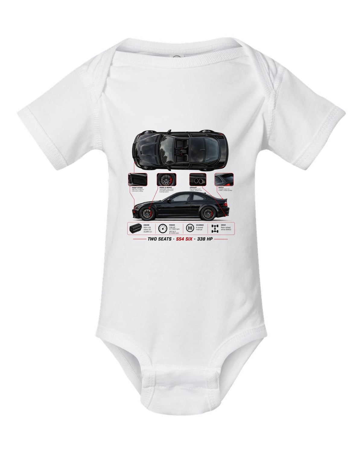 BMW Z4 M Coupe E86 spec poster print with two seats S54 six 338 hp white baby onesie front view with the design