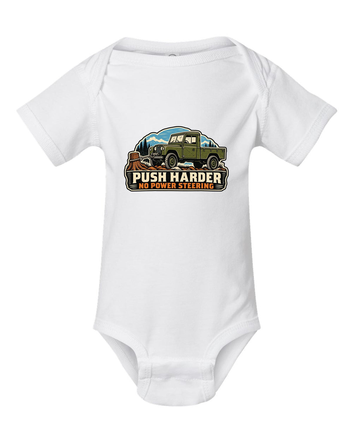Linocut print of a Dodge Power Wagon WM300 flat fender winching with no power steering text white baby onesie front view with the design