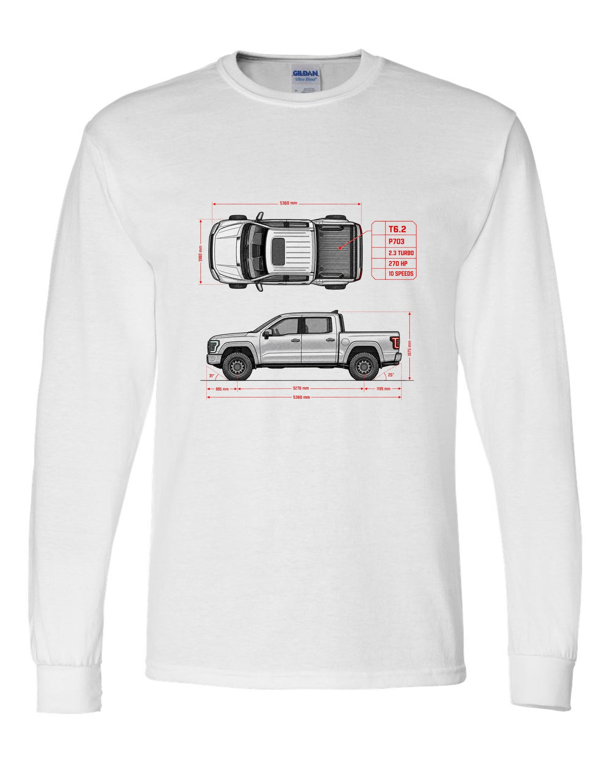 Ford Ranger T6.2 P703 spec poster print with 2.3 turbo, 270 HP and 10 speeds white long sleeve front view with the design