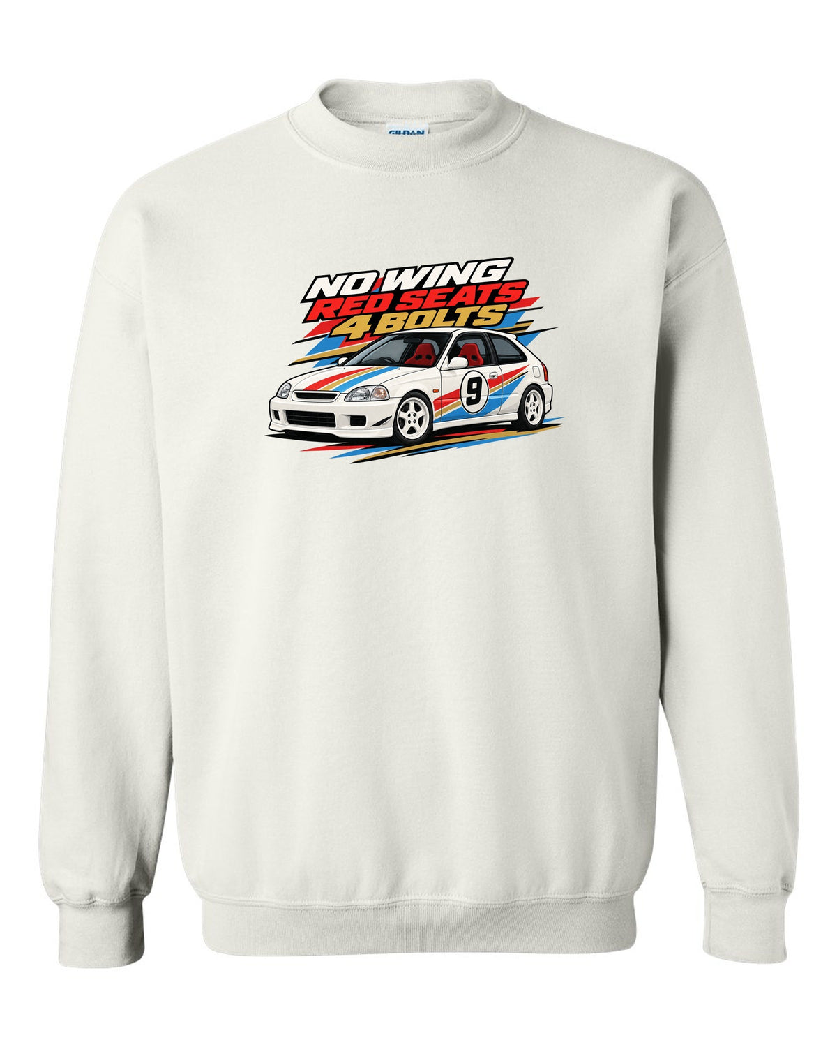 Retro racing livery print of a Honda Civic Type R EK9 with no wing red seats 4 bolts text white crewneck front view with the design