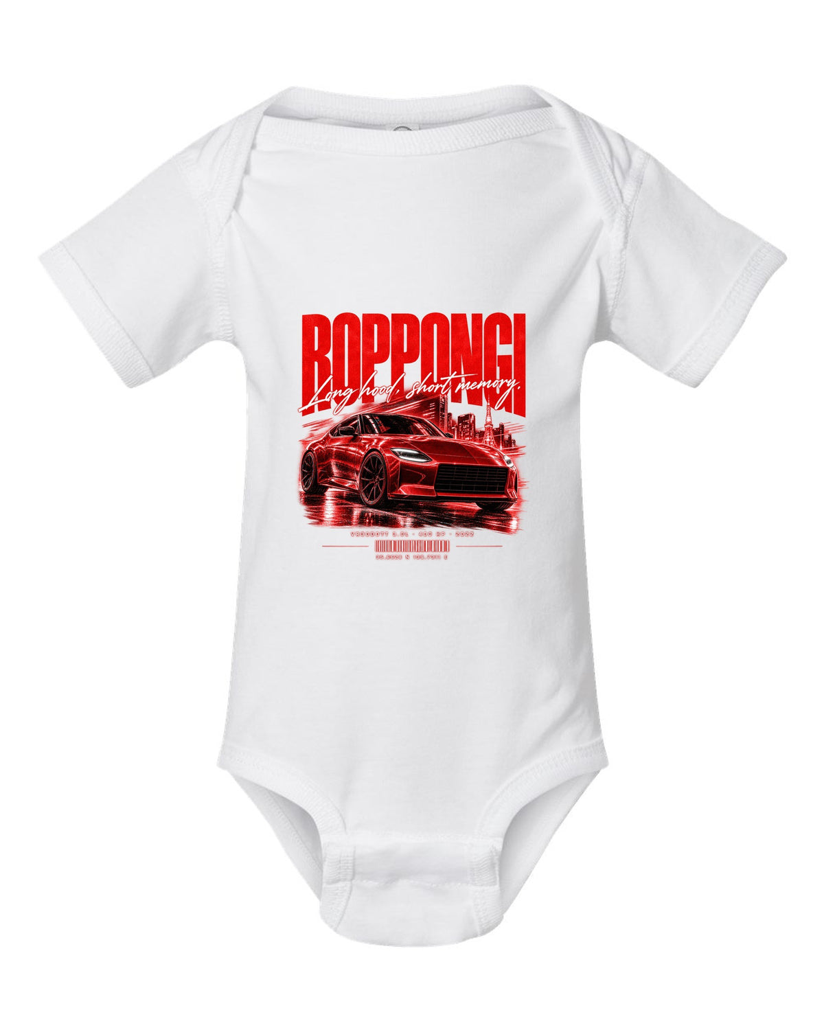 Street poster print of a Nissan Z RZ34 with Roppongi coordinates and VR30DDTT text white baby onesie front view with the design