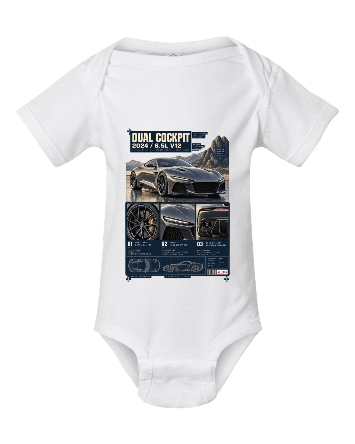 Dossier panel print of the Ferrari 12Cilindri with cockpit and V12 text white baby onesie front view with the design