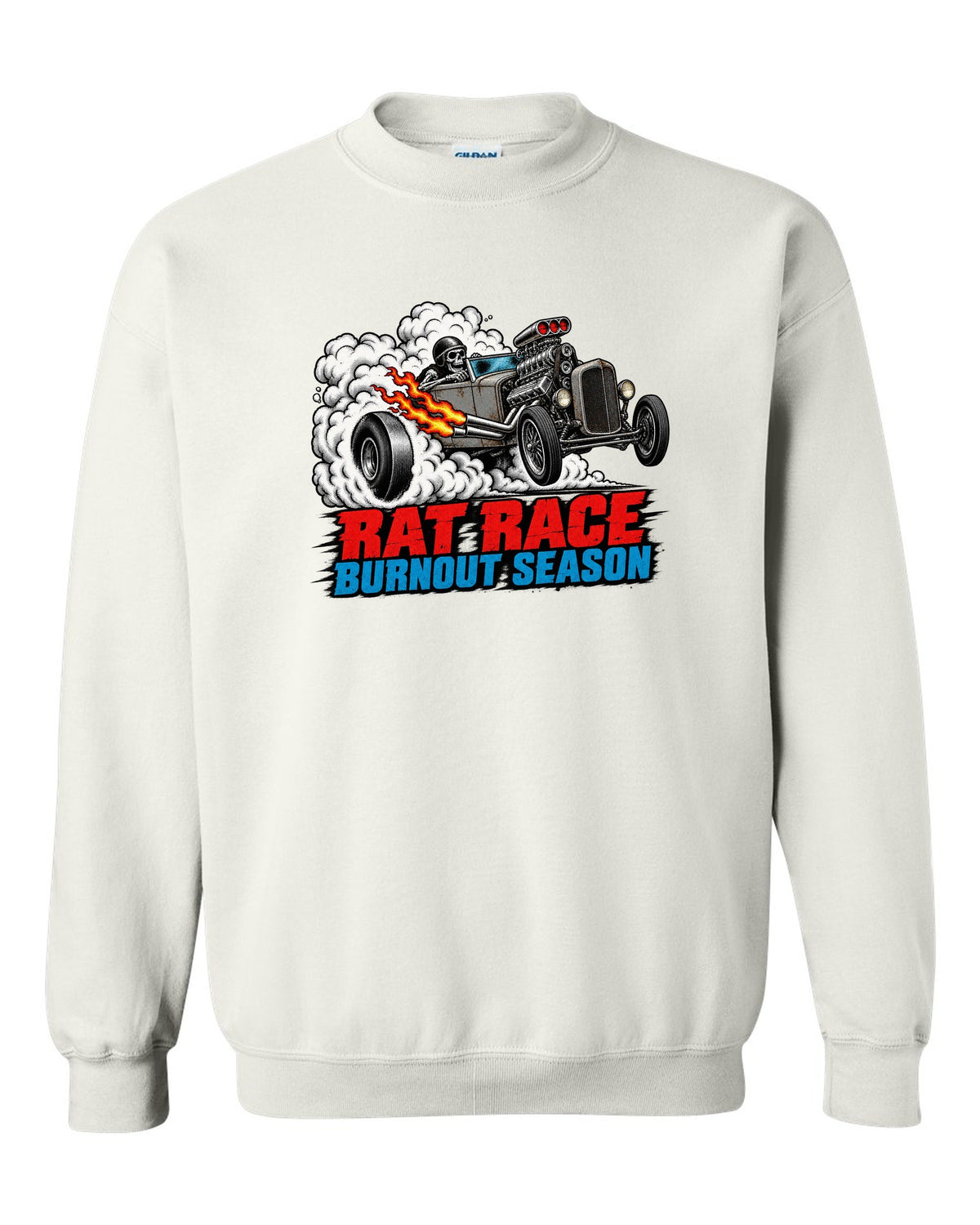 Halftone screenprint print of a primer-grey rat rod roadster in tyre smoke with Burnout Season lettering white crewneck front view with the design