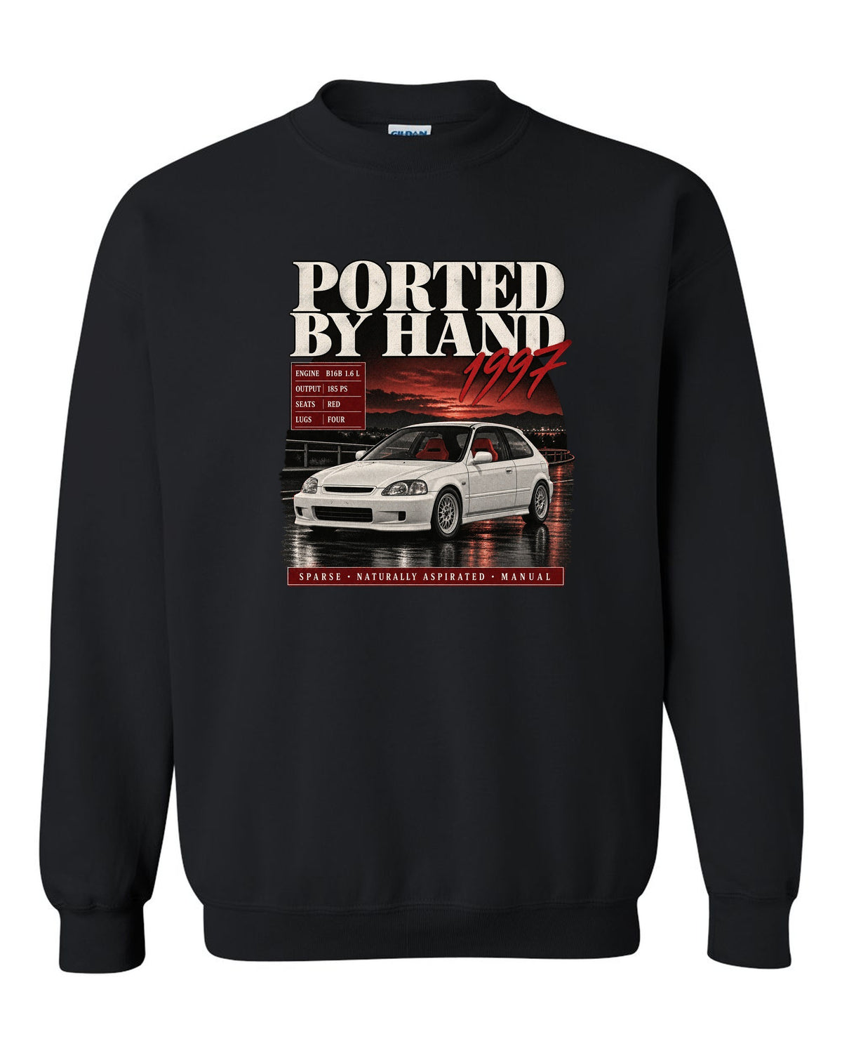 Archive panel print of a 1997 Honda Civic EK9 chback with hand-ported text black crewneck front view with the design