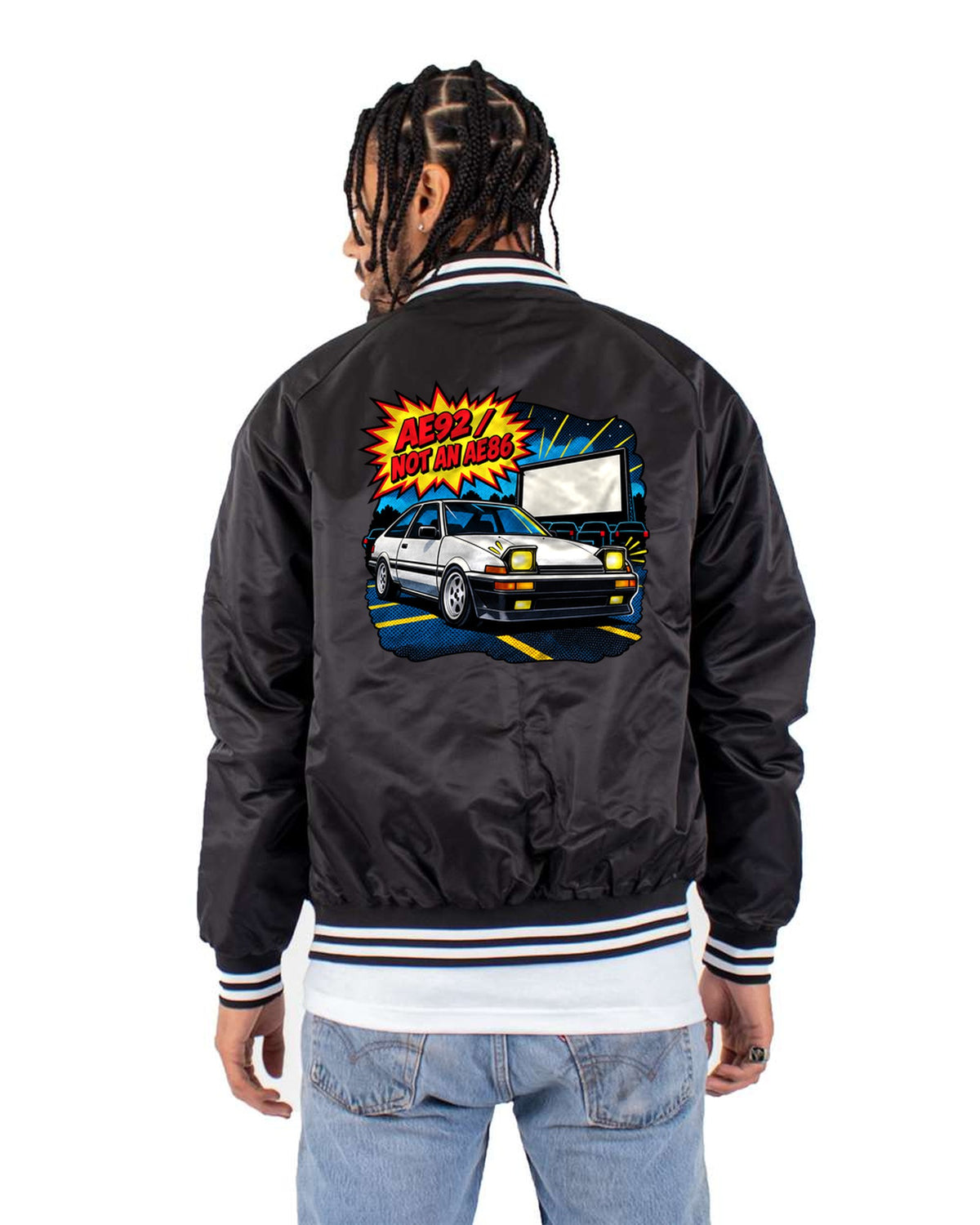 AE92 Corolla Trueno Pop-Art Shirt: Not an AE86, Car Guy Gift Bomber Jacket Black back