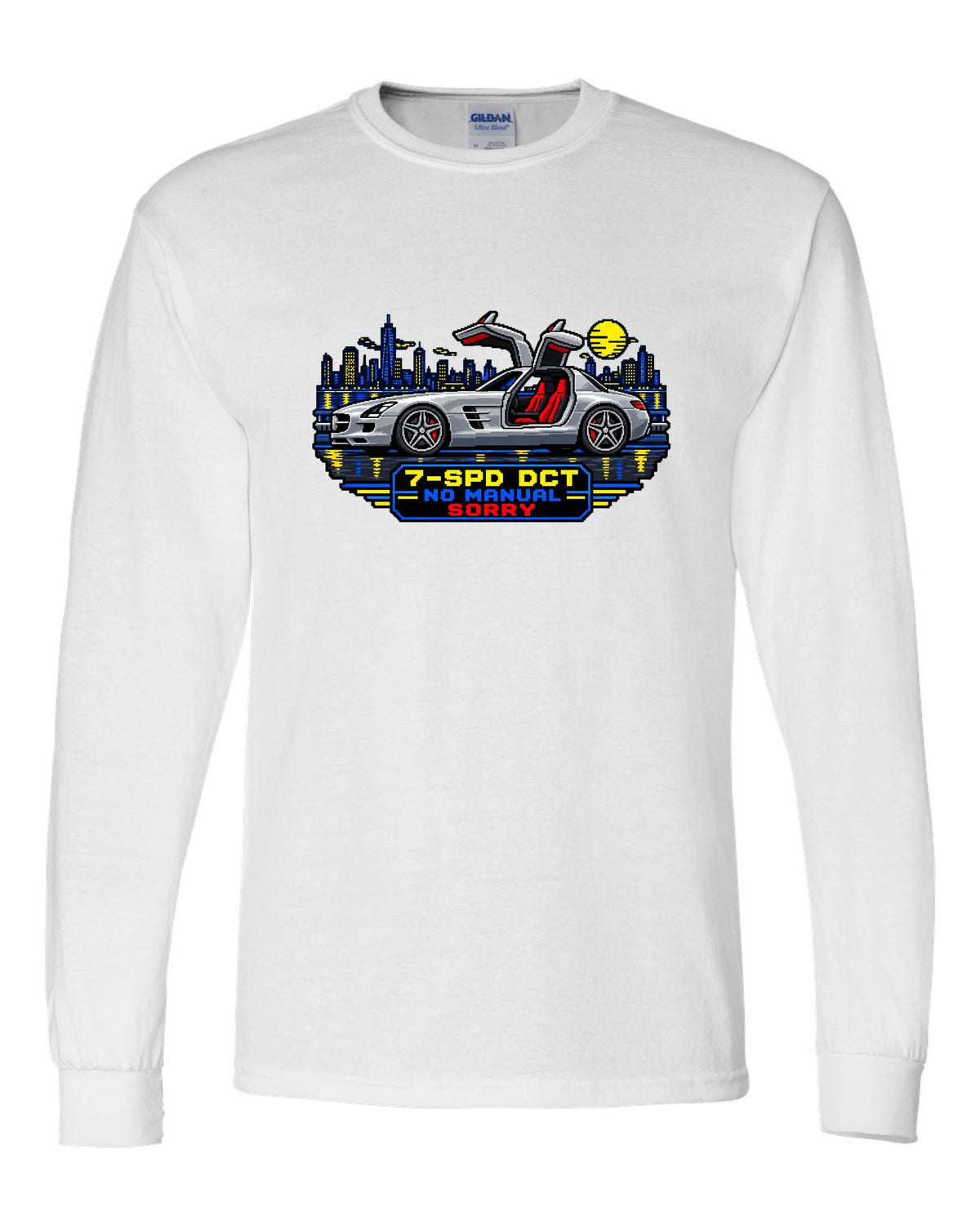 16-bit pixel art Mercedes SLS AMG C197 gullwing with 7-SPD DCT No Manual Sorry text white long sleeve front view with the design