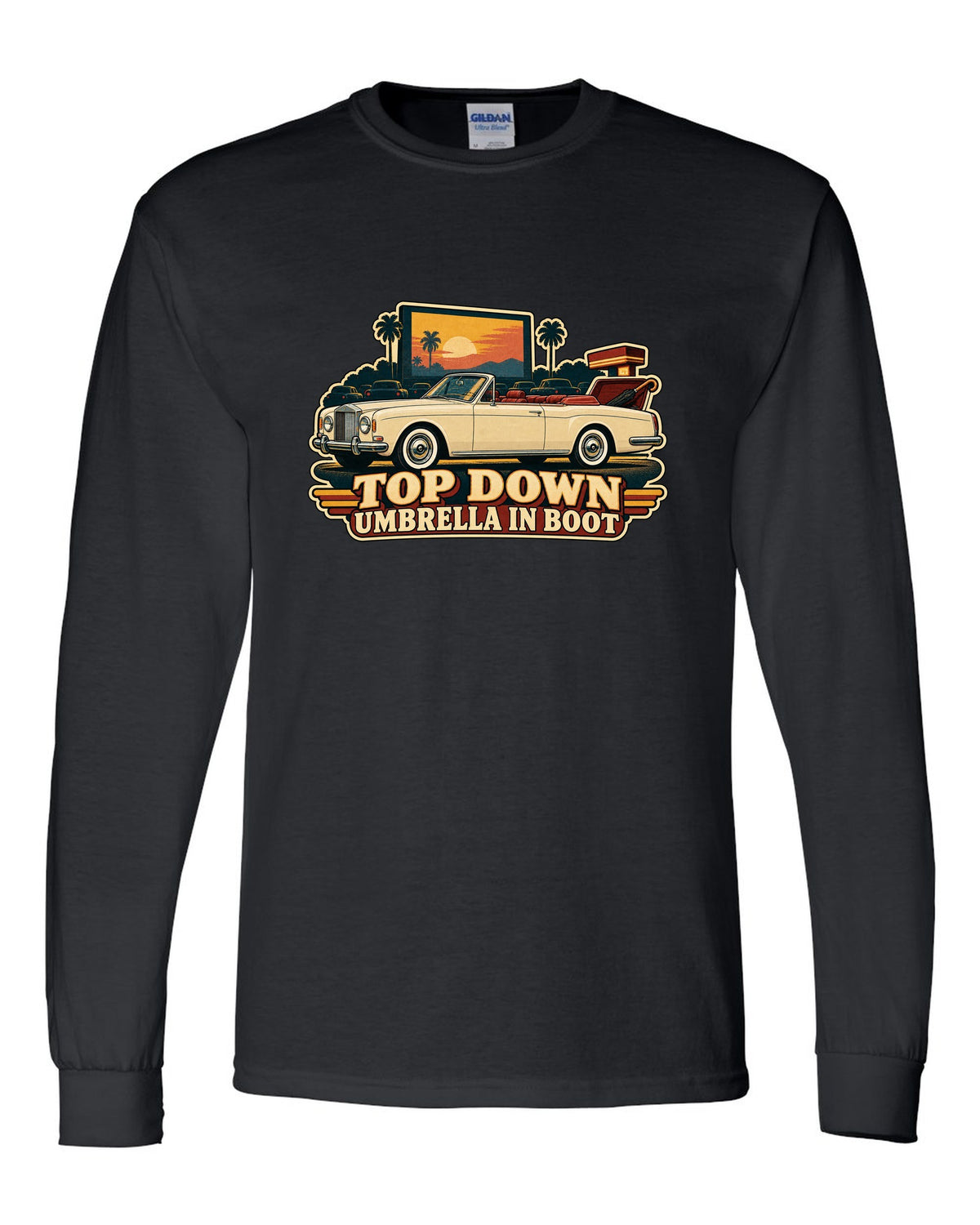 Retro Japanese showa catalogue style illustration of a 1971 Rolls-Royce Corniche convertible with TOP DOWN lettering black long sleeve front view with the design