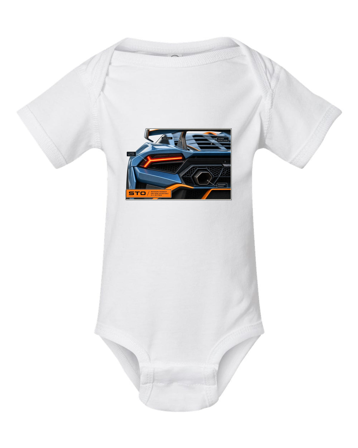 Taillight and hexagon exhaust macro print of the Lamborghini Huracan STO white baby onesie front view with the design