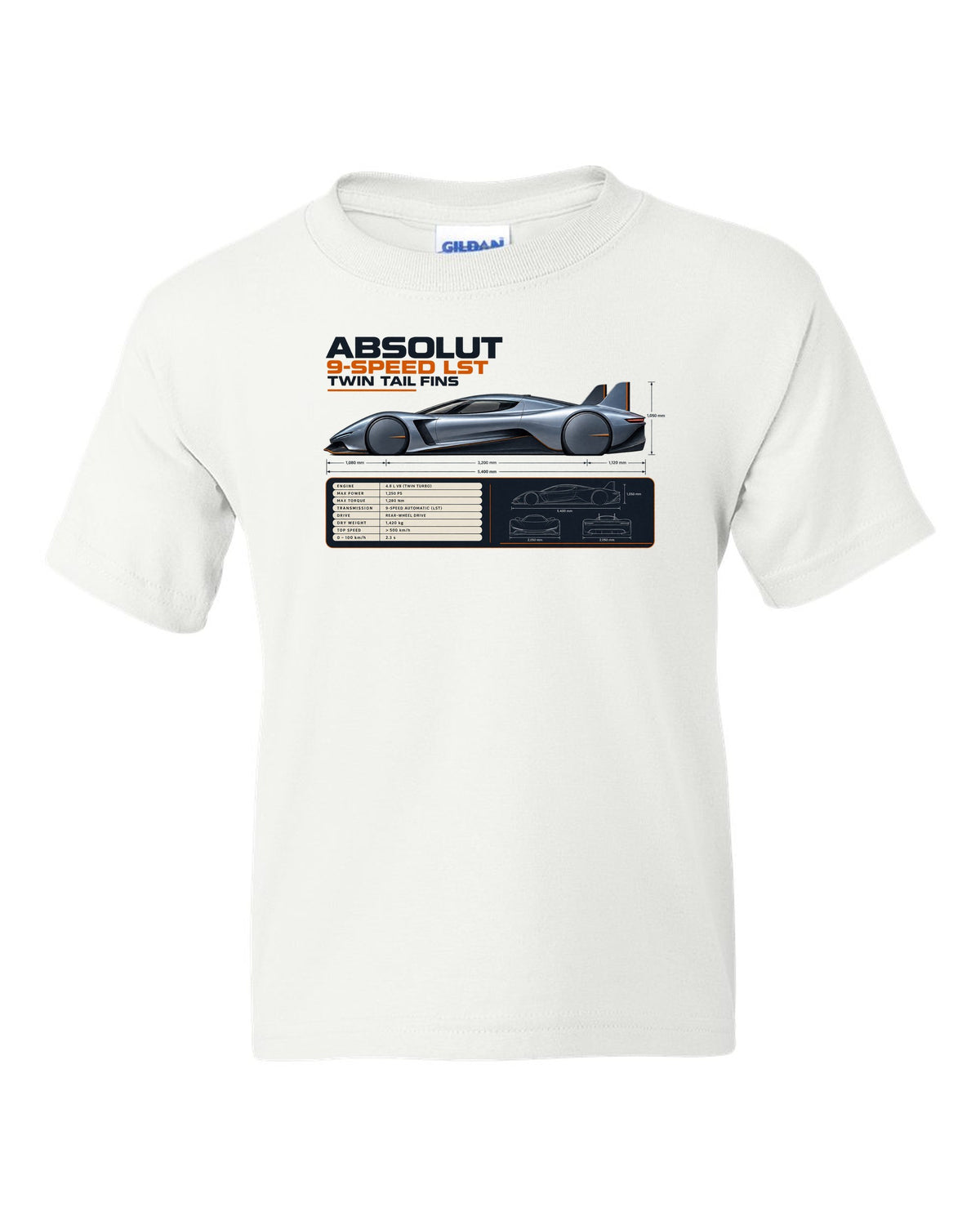 Koenigsegg Jesko Absolut Side Profile Spec Poster white kids tee front view with the design