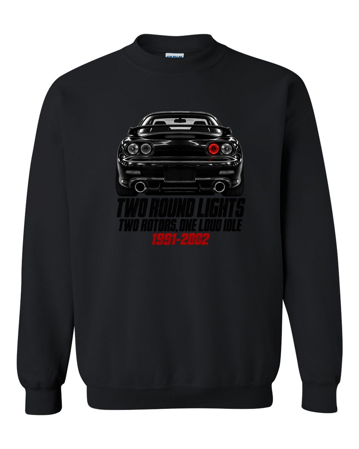 Taillight detail print of a Mazda RX-7 FD3S with two round lamps black crewneck front view with the design