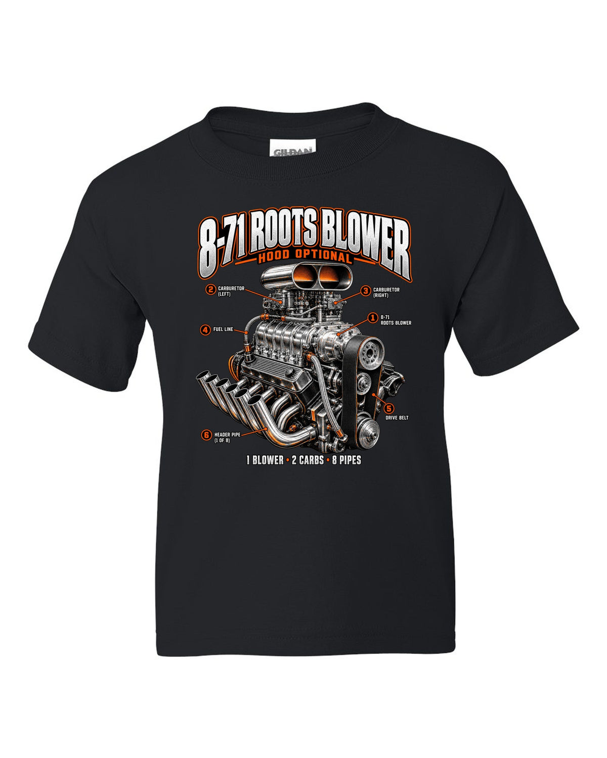 Engine callout print of a blown small-block V8 with 8-71 Roots blower black kids tee front view with the design
