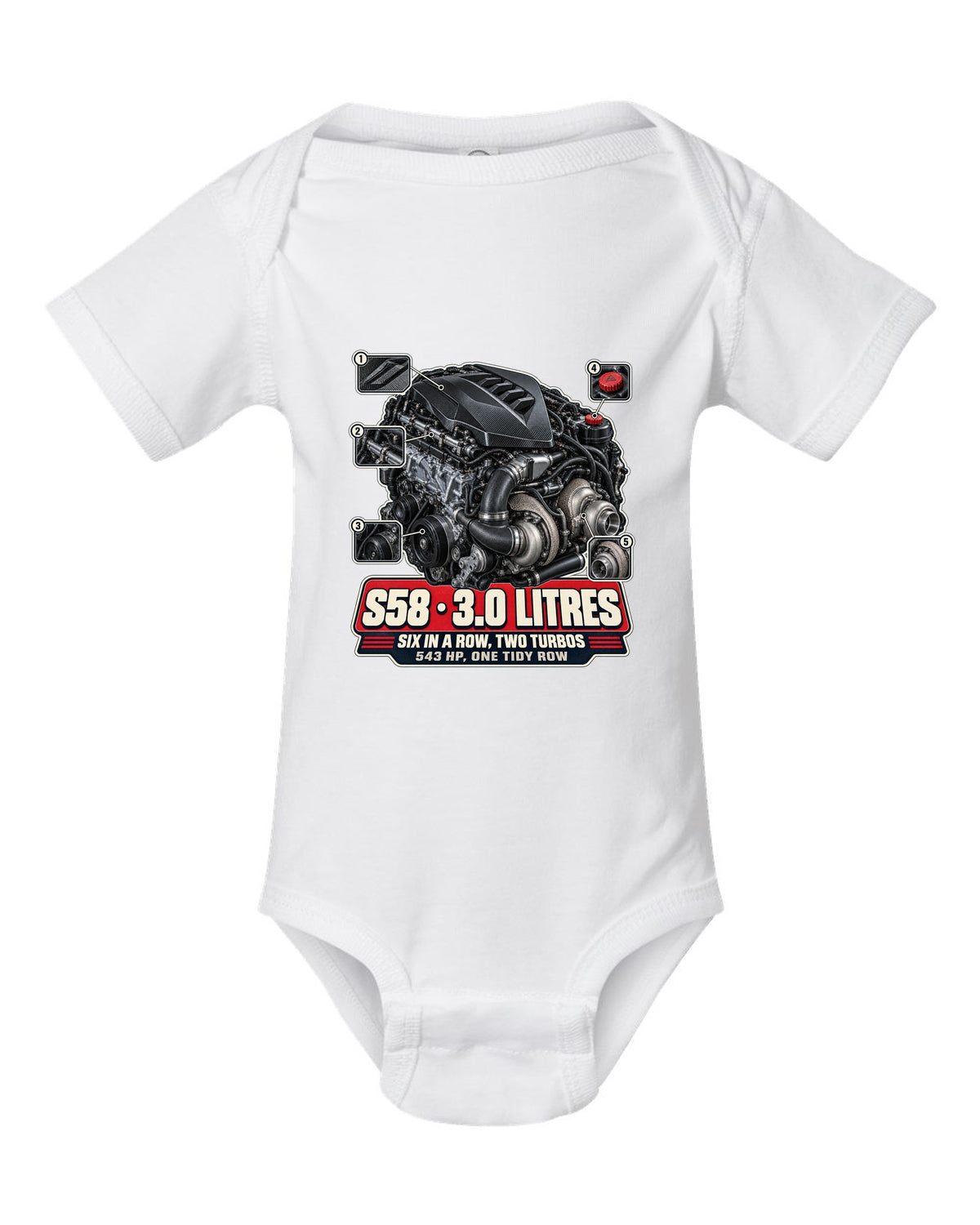 BMW M4 CSL G82 S58 engine bay hero print white baby onesie front view with the design