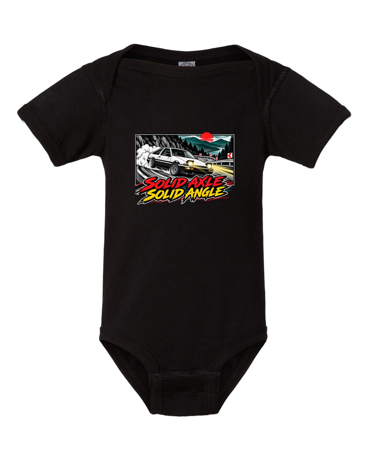 Retro manga halftone panel of a Toyota AE86 Sprinter Trueno drifting downhill black baby onesie front view with the design