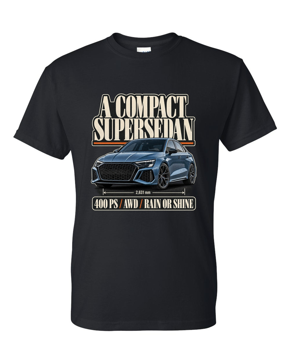 Editorial headline layout for the Audi RS3 8Y sedan, steel blue black t-shirt front view with the design