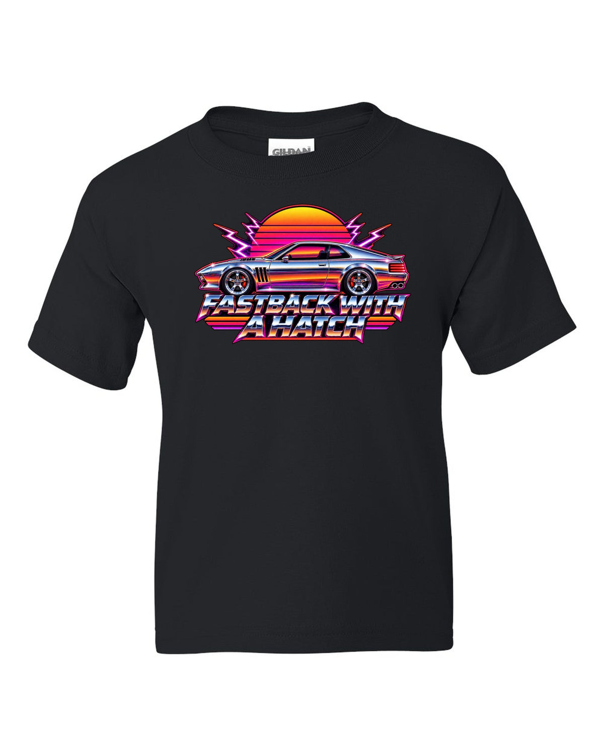 Kia Stinger GT CK 80s airbrush chrome sunset print with fastback with a ch text black kids tee front view with the design