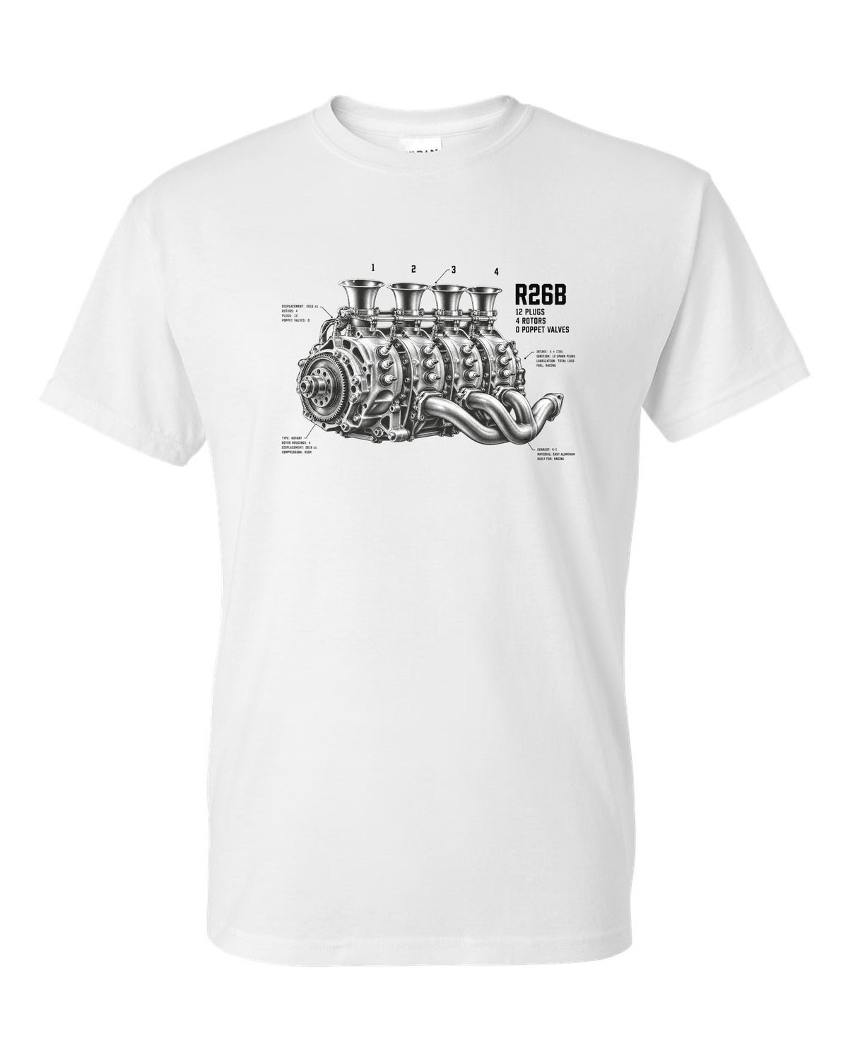 Mazda 787B R26B four-rotor engine illustration with 12 plugs and 4 rotors text white t-shirt front view with the design