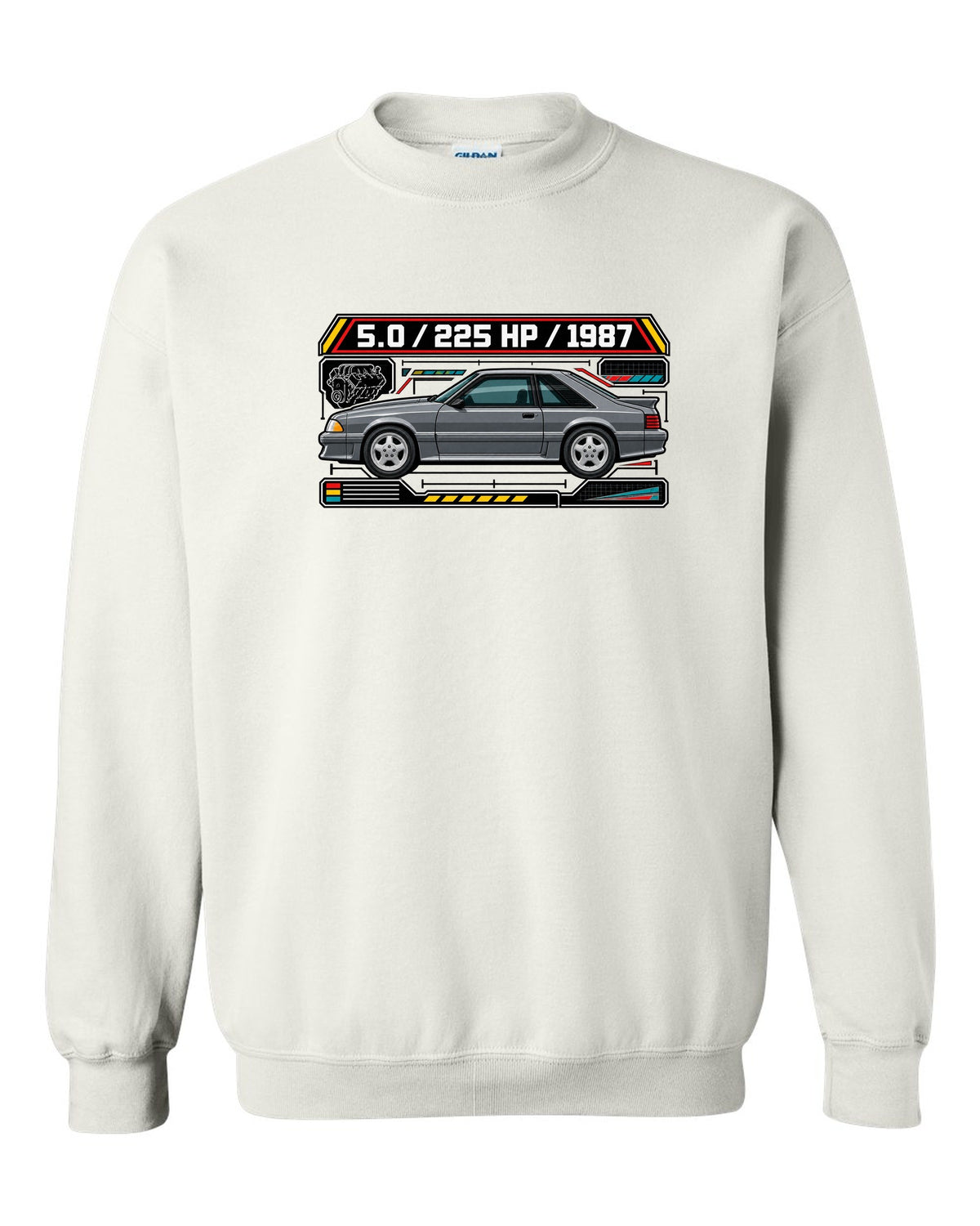 Spec-sheet data plate print of a 1987 Ford Mustang Fox Body GT chback white crewneck front view with the design