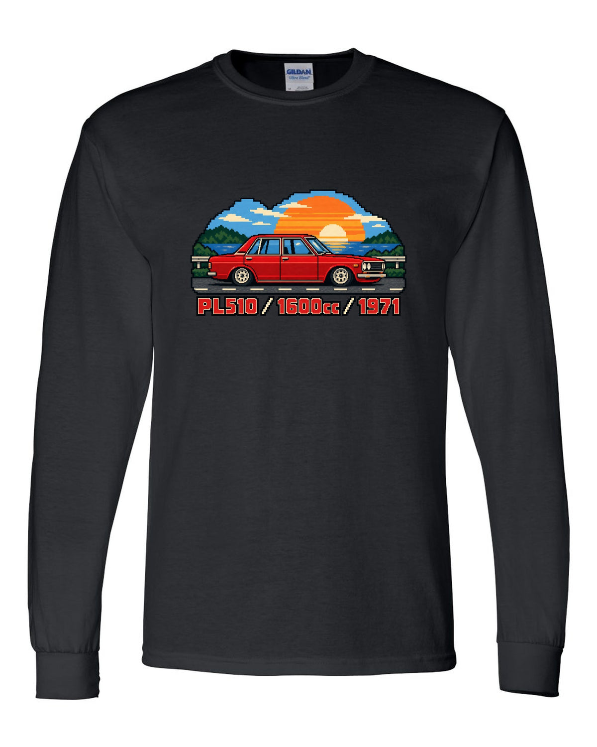 16-bit pixel art of a 1971 Datsun 510 PL510 sedan with 1600cc lettering black long sleeve front view with the design