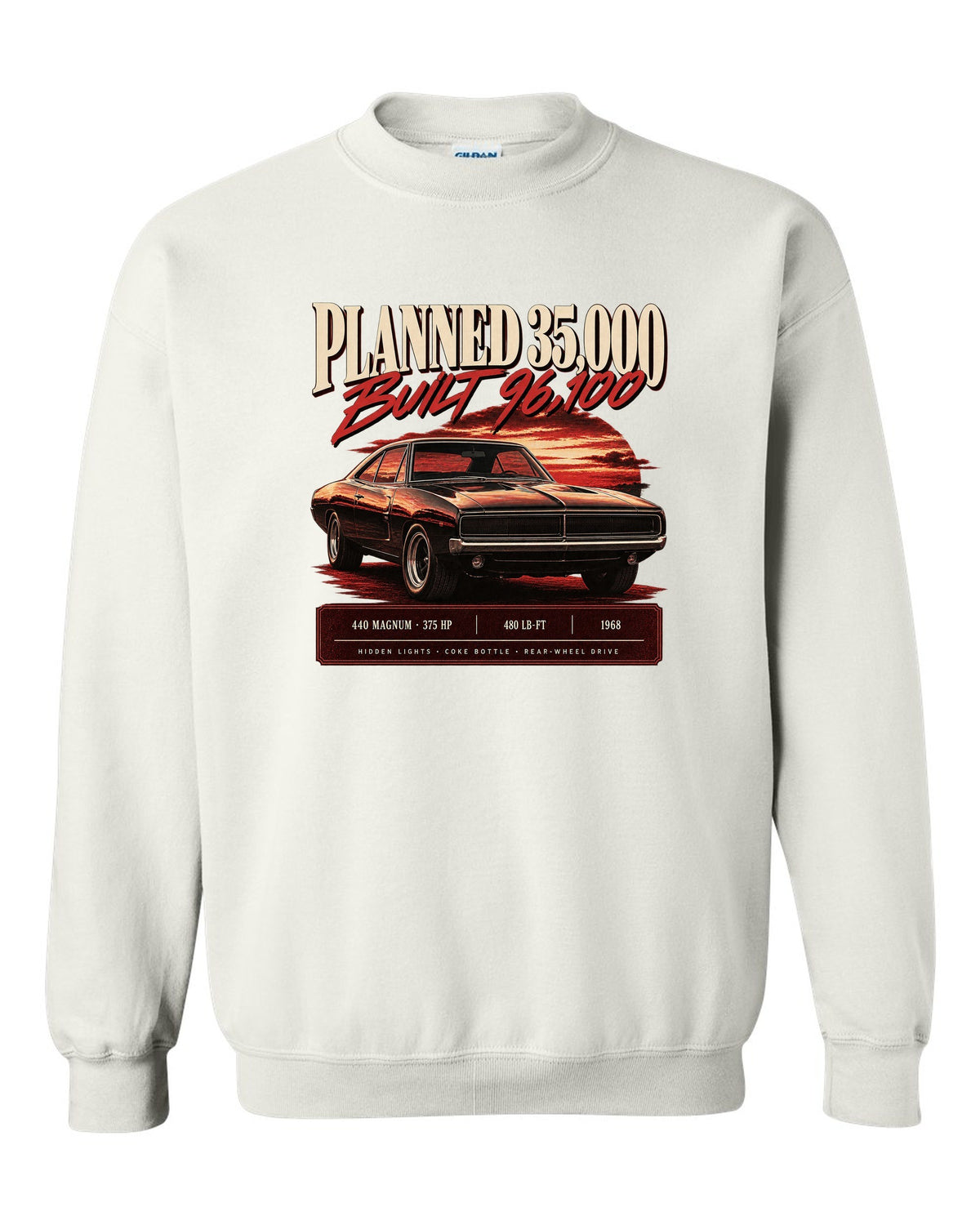 Archive panel print of a 1968 Dodge Charger R/T with 440 Magnum, 375 HP and production figures white crewneck front view with the design