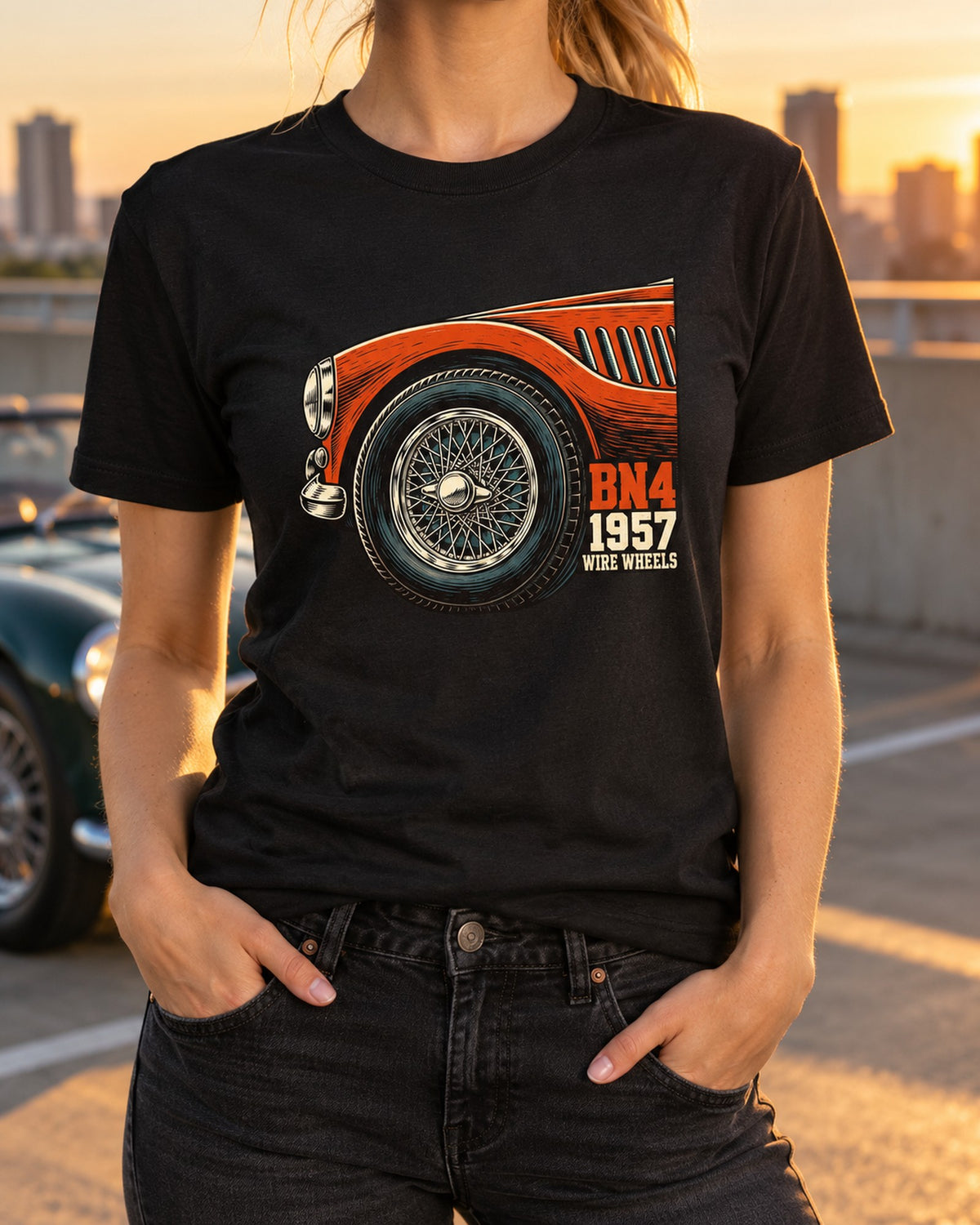 Austin-Healey 100-Six BN4 Wire Wheel Linocut Shirt T-Shirt Black worn hero