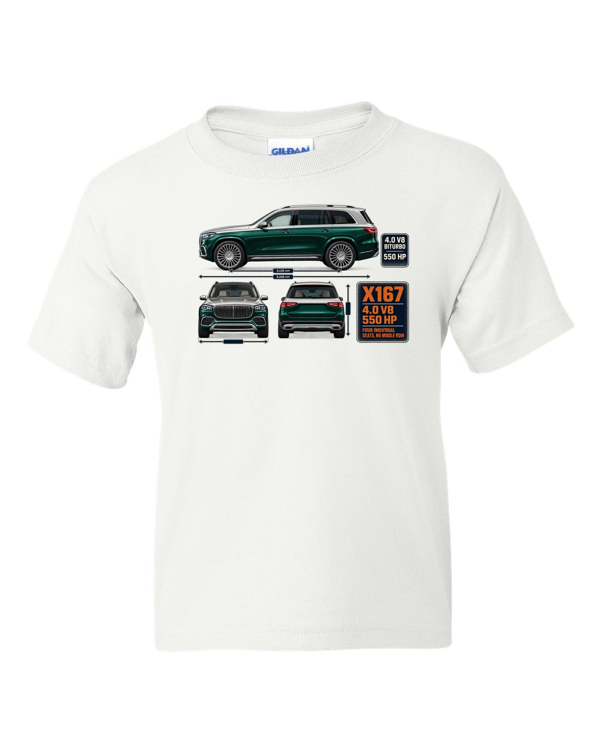 Mercedes-Maybach GLS 600 X167 three-view spec print in obsidian green and silver white kids tee front view with the design