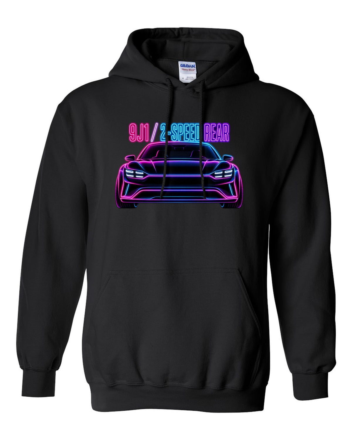 Porsche Taycan Turbo S 9J1 neon outline print with the text 9J1 2-speed rear black pull over hoodie front view with the design