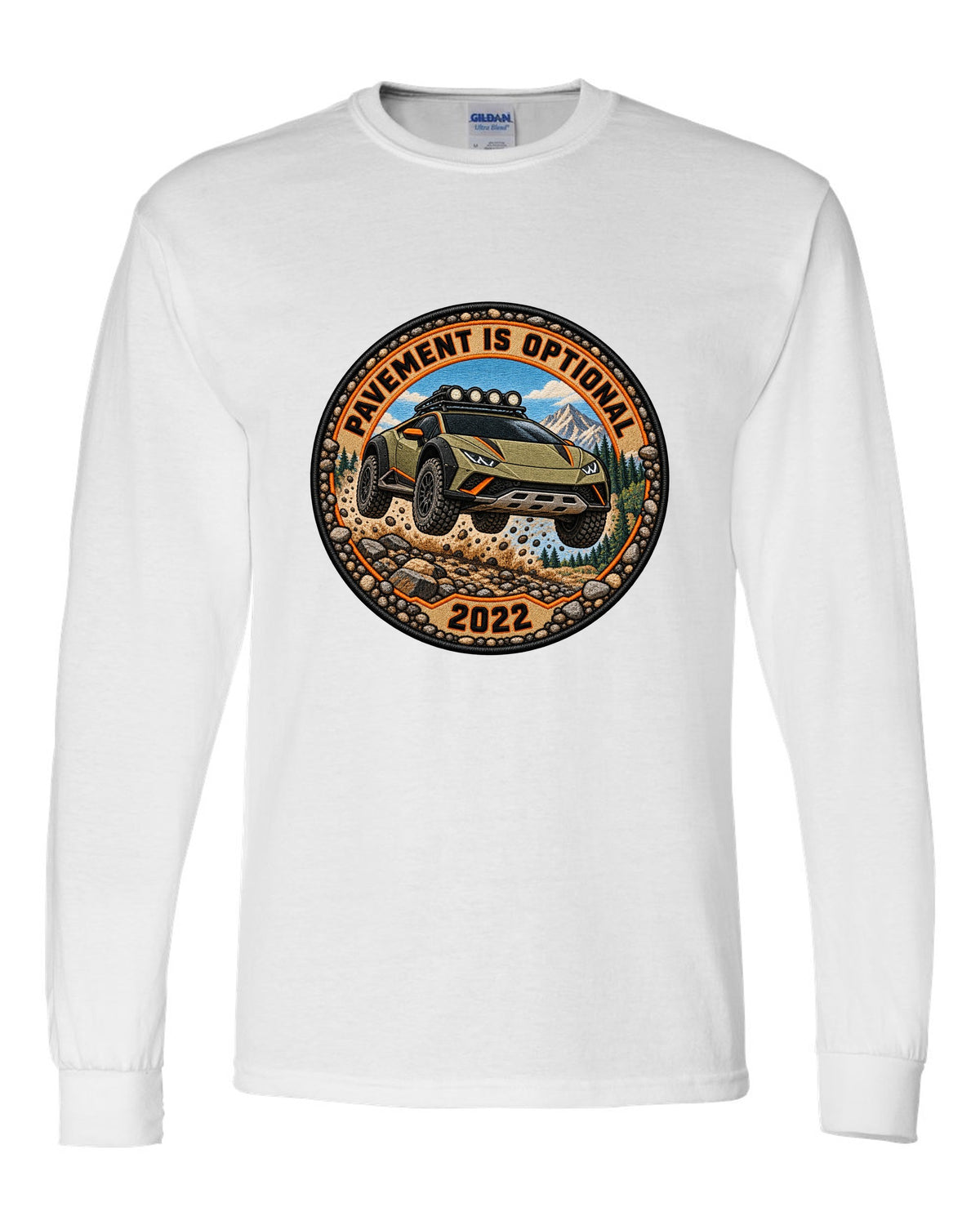 Embroidery-style round crest of a Lamborghini Huracan Sterrato LP610-4 with text PAVEMENT IS OPTIONAL / 2022 white long sleeve front view with the design