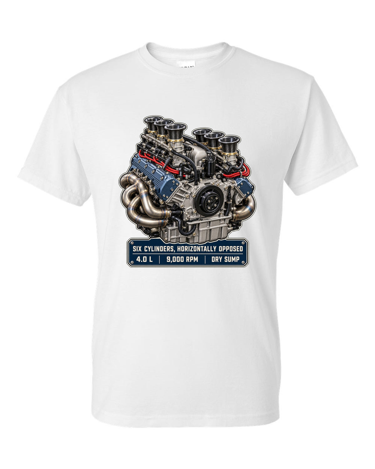 Porsche 992 GT3 RS 4.0 flat-six engine hero print design white t-shirt front view with the design