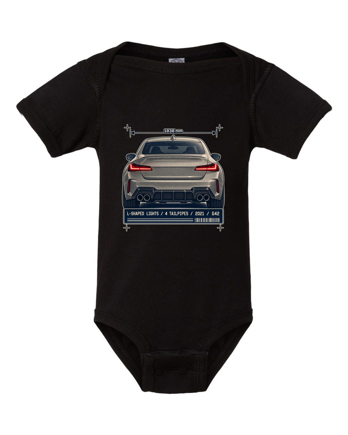 BMW M240i G42 rear taillight and tailpipe macro print black baby onesie front view with the design