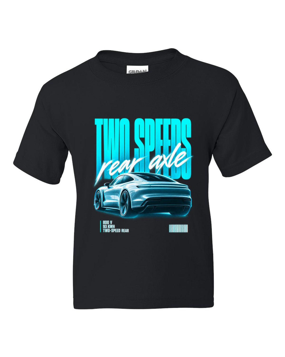 Audi e-tron GT 2021 rear three-quarter street poster with two speeds text black kids tee front view with the design