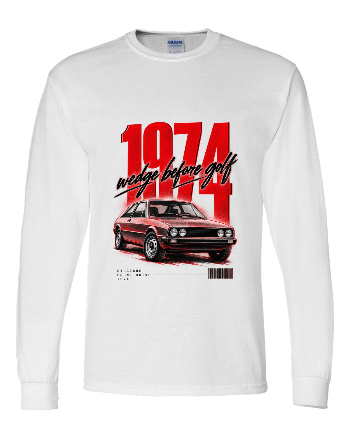 Street poster print of a VW Scirocco Mk1 front three-quarter with wedge before Golf 1974 text white long sleeve front view with the design
