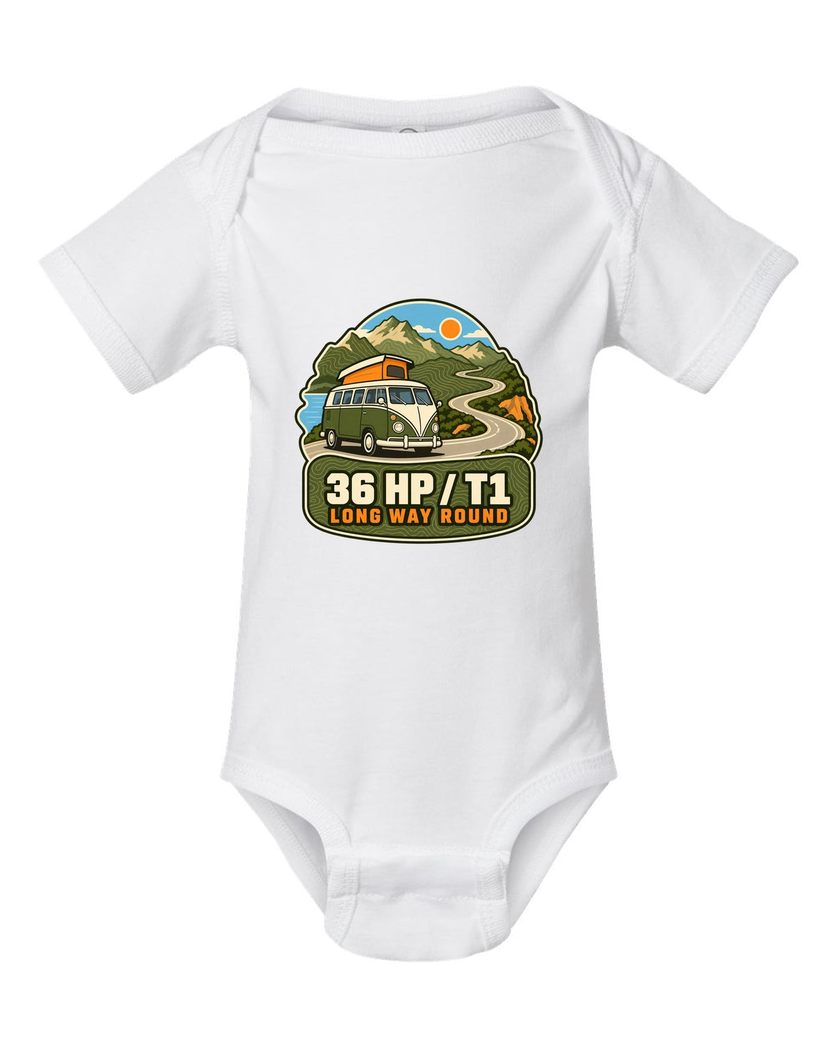Topographic route map print of a 1962 VW Bus T1 split-window with 36 HP lettering white baby onesie front view with the design