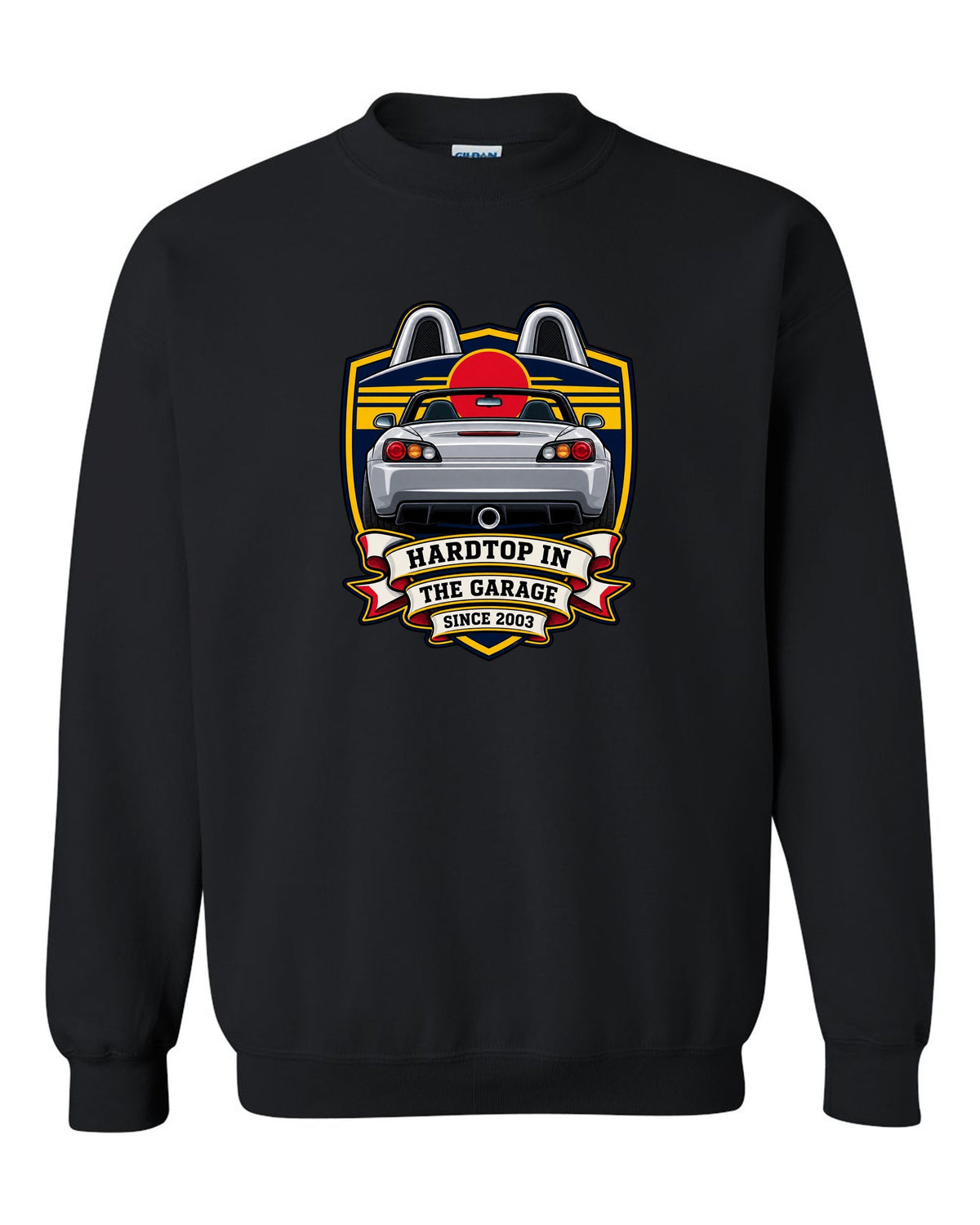 Embroidery patch style print of a 1999 Honda S2000 AP1 roadster with hardtop in the garage text black crewneck front view with the design