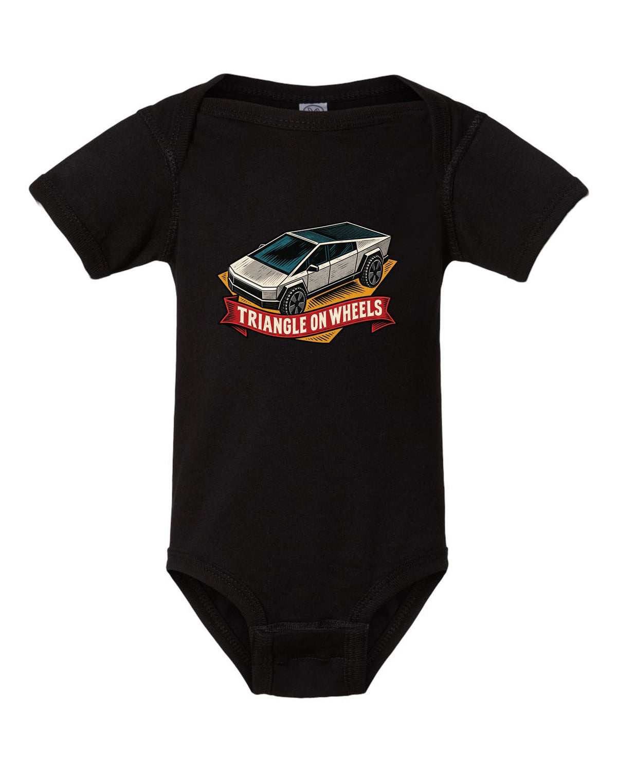 Bold linocut woodblock print of a 2023 Tesla Cybertruck with the words Triangle on Wheels black baby onesie front view with the design
