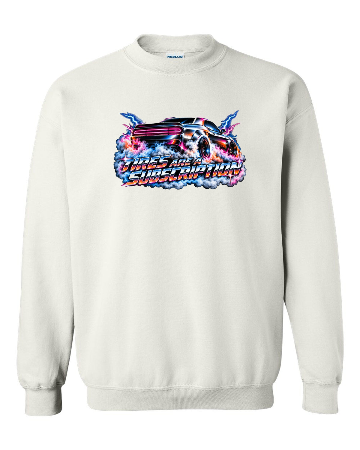 80s airbrush chrome illustration of a 2020 Dodge Challenger Scat Pack 392 Widebody doing a burnout white crewneck front view with the design